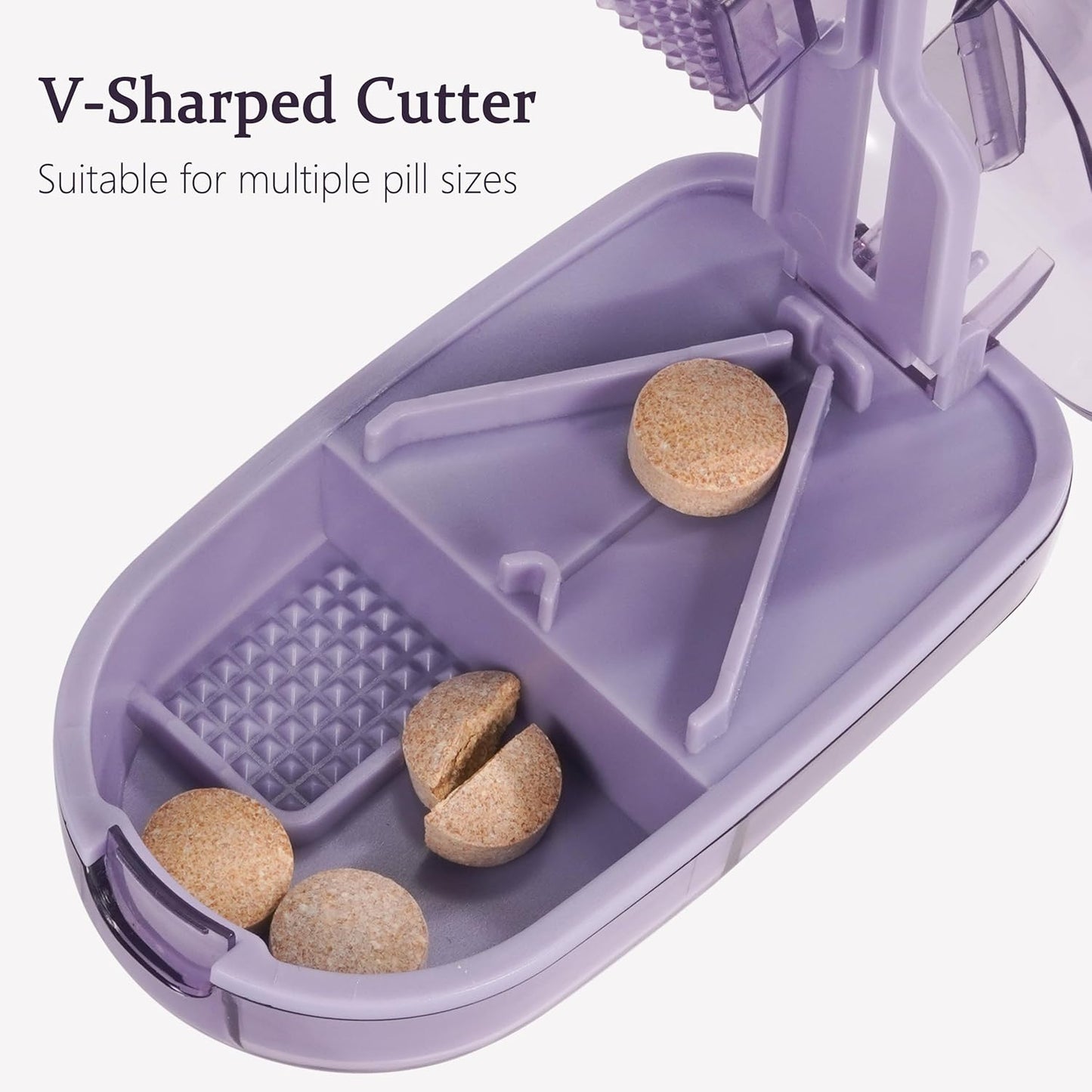 ColeMela Pill Cutter Splitter for Small and Tiny Pills, or Large Pills. V-Shaped Design for Multiple Sizes. Safety Blade Guard. Loss-Proof Built-in Small Brush & Sliding Door Pill Storage