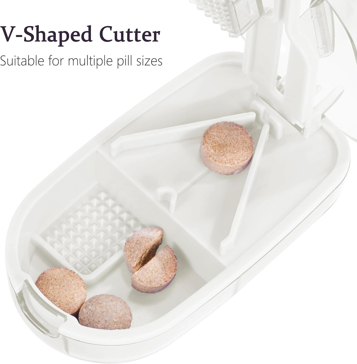 ColeMela Pill Cutter Splitter for Small and Tiny Pills, or Large Pills. V-Shaped Design for Multiple Sizes. Safety Blade Guard. Loss-Proof Built-in Small Brush & Sliding Door Pill Storage (Clear)